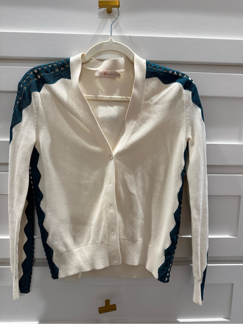 Tory Burch Cream Cardigan with Teal Lace Trim